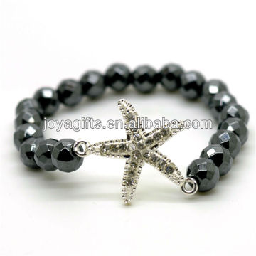 Magnetische Hämatit 8MM Facettierte runde Perlen Stretch Edelstein Armband mit Diamante Legierung Starfish Stück